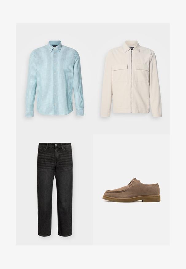 Helebeež kordflöödidest jakki, millel on ees tõmblukk, kaks rinna taskut, krae ja pikad varrukad. Sile tekstuur ja minimalistlik disain.; Hele sinise pikkade varrukate ja valgete vertikaalsete triipudega nupp-särk, klassikalise kraega ja nuppude sulgemisega. Pehme tekstuur, igapäevane disain.; Mustad denim teksad sirge lõikega, mõõdukalt kõrge vöökohaga, viie tasku ja metallist nupuga kinnitusega. Pehme tekstuur ja kerge kulumise efekt.; Zign LEATHER - Igapäevased paeltega jalatsid - taupe