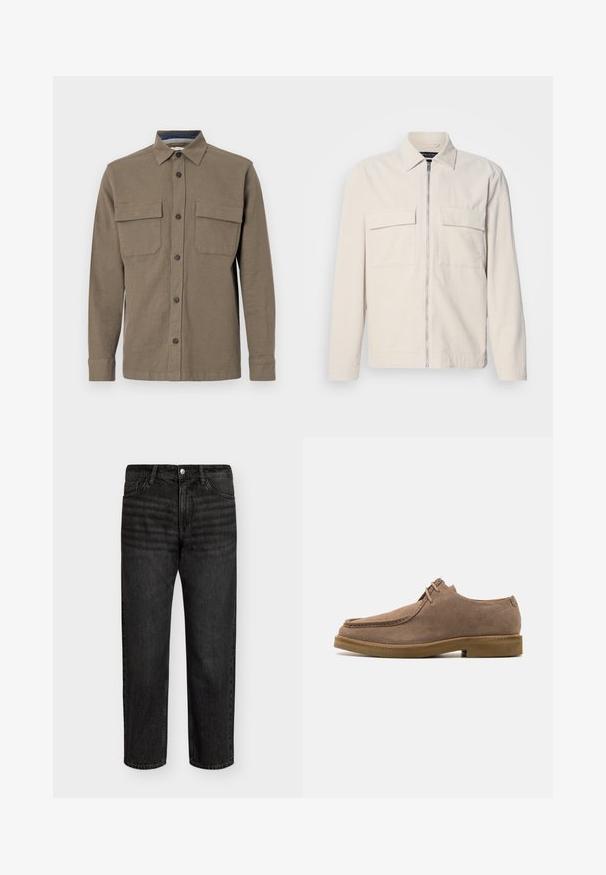 Giacca in corduroy beige chiaro con zip frontale, due tasche sul petto, colletto e maniche lunghe. Texture liscia e design minimalista.; Camicia verde oliva con bottoni, maniche lunghe, due tasche sul petto e colletto dritto. Realizzata in tessuto testurizzato con cuciture visibili.; Set di cinque t-shirt a manica corta in bianco, beige, grigio chiaro, grigio scuro e nero. Realizzate in cotone morbido, con design a girocollo.; Jeans in denim nero con taglio dritto, caratterizzati da vita media, cinque tasche e chiusura con bottone metallico. Texture liscia con leggere sfumature.; Zign LEATHER - Stringate sportive - taupe
