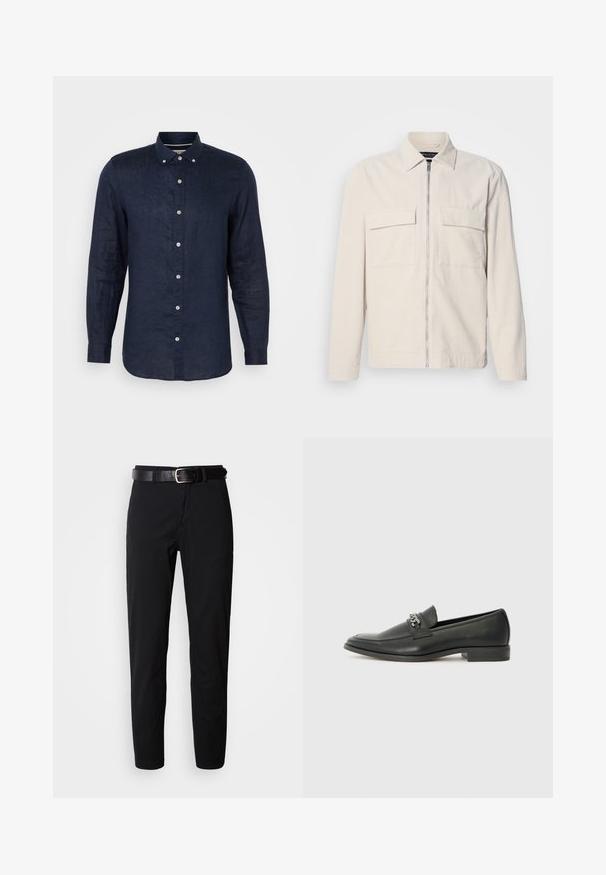 Veste en velours côtelé beige clair avec une fermeture éclair avant, deux poches poitrine, un col et des manches longues. Texture lisse et design minimaliste.; Chemise à manches longues bleu marine en lin, avec un col boutonné, six boutons sur le devant et un ourlet légèrement arrondi.; Pantalon noir à coupe droite, avec une texture lisse et une ceinture en cuir noir avec une boucle en métal argenté. Design simple, sans motifs ni accents.; Mocassin en cuir noir avec une finition lisse, présentant un design cousu et une accent décoratif en chaîne métallique sur le rand. Talon plat.