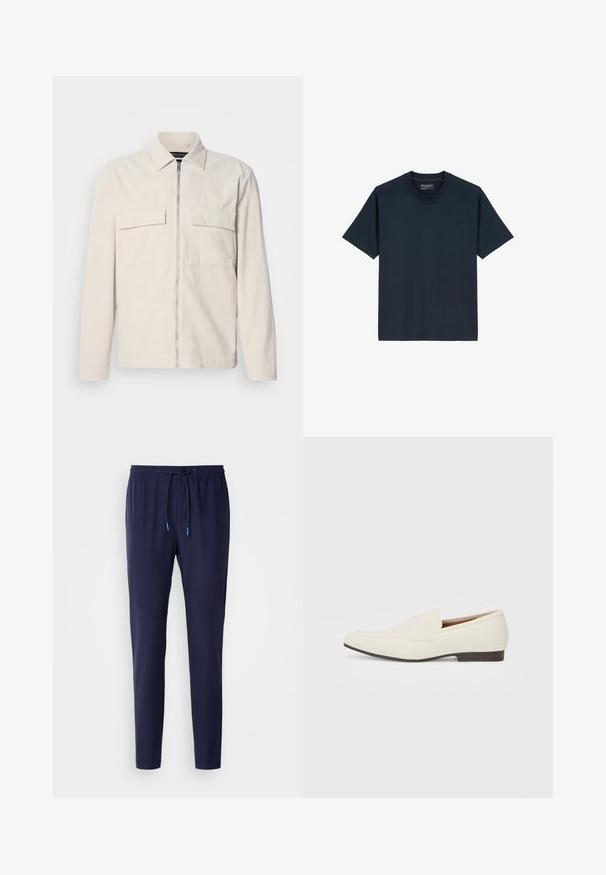 Lichtbeige corduroy jack met een rits aan de voorkant, twee borstzakken, een kraag en lange mouwen. Smooth textuur en een minimalistisch ontwerp.; Marineblauw T-shirt van zacht katoen, met een ronde hals, korte mouwen en een subtiele logodetail op de voorkant. Naadloos ontwerp.; Navyblauwe joggingbroek gemaakt van zachte stof, met een tailleband met trekkoord in blauwe accenten, slim fit en geribbelde manchetten bij de enkels.; Lichtbeige loafers met een spitse neus, glad materiaal, een band over de wreef en een lage bruine zool. Eenvoudig ontwerp met minimale accenten.