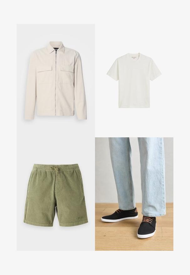 Light beige corduroy jacket with a front zipper, two chest pockets, a collar, and long sleeves. Smooth texture and a minimalist design.; Cotton t-shirt in off-white, crew neck design with short sleeves, featuring a straight hem and minimal branding on the label.; Light green corduroy shorts with an elastic waistband and drawstring. Features side pockets and subtle stitching details.; Black canvas sneakers with brown accents, white rubber soles, and brown laces, paired with light blue straight-leg jeans. Wood floor background.
