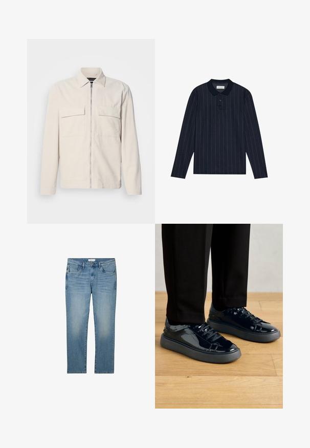 Vaaleanbeige corduroy-takki, jossa on edessä vetskari, kaksi rintataskua, kaulus ja pitkät hihat. Suuri tekstuuri ja minimalistinen muotoilu.; Tummansininen pitkähihaisen polo-paita, jossa on kaulakotelo, ohuita pystysuuntaisia raitoja ja kolmonnapainike. Pehmeä kangas.; Siniset farkut suoralla lahkeella, joissa on viisi taskua ja haalistunut pinta. Kangas on sileä ja siinä on hieman joustoa.; Mustat lakatut nahkakengät, joissa on teksturoitu kumipohja, pyöreä kärki ja samanväriset mustat nauhat, yhdistettynä mustiin housuihin puulattialla.