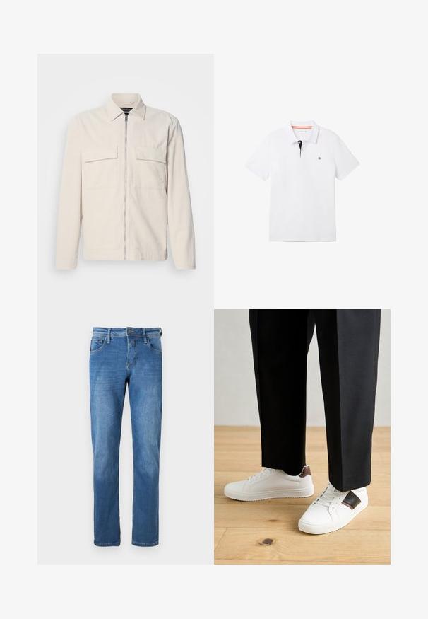 Helebeež kordflöödidest jakki, millel on ees tõmblukk, kaks rinna taskut, krae ja pikad varrukad. Sile tekstuur ja minimalistlik disain.; Valge polosärk musta kaelusega, millel on oranž ääreline, lühikesed varrukad ja väike logo rinnal. Valmistatud hingavast puuvillasegistusest.; Keskmise sinise tooni denimid, sirge lõikega. Omab viit taskut, nupuga kinnitust ning nähtavaid õmbluse detaile.; Valged sneakersid siledat tekstuurist, millel on pruunad nahast detailid ja mustad aksessuaarid, millele on sobitatud mustad kohandatud püksid. Puitpõranda taust.
