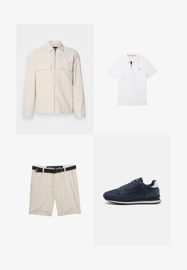 Light beige corduroy jacket with a front zipper, two chest pockets, a collar, and long sleeves. Smooth texture and a minimalist design.; White polo shirt featuring a black collar with orange trim, short sleeves, and a small logo on the chest. Made from breathable cotton blend.; Beige shorts with a black adjustable belt. Made of lightweight fabric, featuring side pockets and rolled cuffs for a casual look. Size M.; Navy blue sneakers with a mix of suede and mesh materials, featuring flat laces, a white heel accent, and a textured black rubber sole.