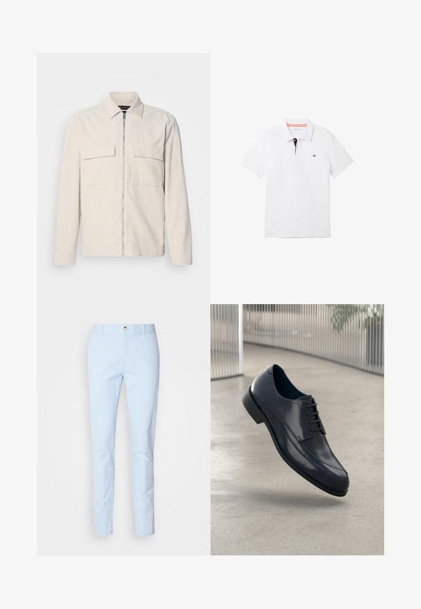 Giacca in corduroy beige chiaro con zip frontale, due tasche sul petto, colletto e maniche lunghe. Texture liscia e design minimalista.; Polo bianca con colletto nero e rifiniture arancioni, maniche corte e un piccolo logo sul petto. Realizzata in un mistura di cotone traspirante.; Chinos in cotone azzurro chiaro con una vestibilità slim, dotati di zip e chiusura a bottone singolo, e tasche frontali. Texture liscia e design minimal.; Scarpa da cerimonia in pelle nera lucida con lacci, sospesa sopra un pavimento grigio chiaro e con barre metalliche verticali sullo sfondo.