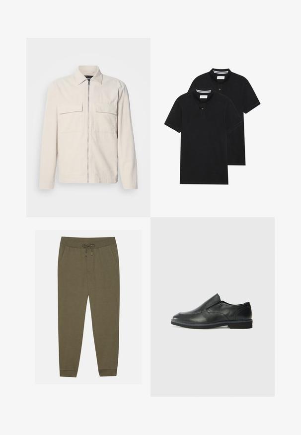 Light beige corduroy jacket with a front zipper, two chest pockets, a collar, and long sleeves. Smooth texture and a minimalist design.; Two black polo shirts, short-sleeved, cotton material, featuring a classic collar, two-button placket, and white striped accents inside the collar.; Olive green jogger pants with an elastic waistband, drawstring, side pockets, and tapered legs. Made of soft fabric with a smooth texture.; Black leather slip-on shoe with a smooth upper, stitched accents, rounded toe, and a low rubber heel. Sole features minimal tread.