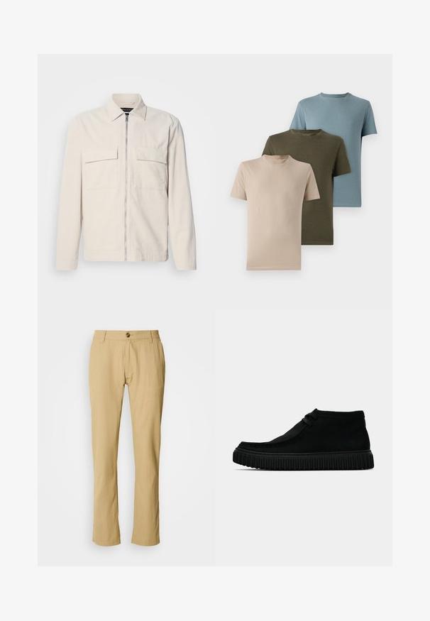 Veste en velours côtelé beige clair avec une fermeture éclair avant, deux poches poitrine, un col et des manches longues. Texture lisse et design minimaliste.; Trois t-shirts à manches courtes en beige, vert olive et bleu clair, en tissu doux avec un col rond et un design uni.; Pantalon beige avec une coupe droite, fermeture à bouton et texture de tissu subtile. Aucun motif ni matériel supplémentaire visible.; Bottes de cheville noires en matériau doux, avec un bout rond, un lacet minimal, et une semelle en caoutchouc texturée comportant des rainures verticales.