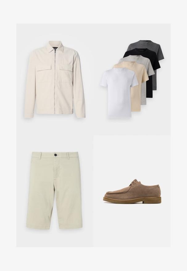 Veste en velours côtelé beige clair avec une fermeture éclair avant, deux poches poitrine, un col et des manches longues. Texture lisse et design minimaliste.; Ensemble de cinq t-shirts à manches courtes en blanc, beige, gris clair, gris foncé et noir. Fabriqués en coton doux, présentant un design à col rond.; Shorts beiges en mélange de coton léger, avec un devant plat, des passants de ceinture, une fermeture à bouton et une longueur au genou.; Zign LEATHER - Chaussures à lacets - taupe