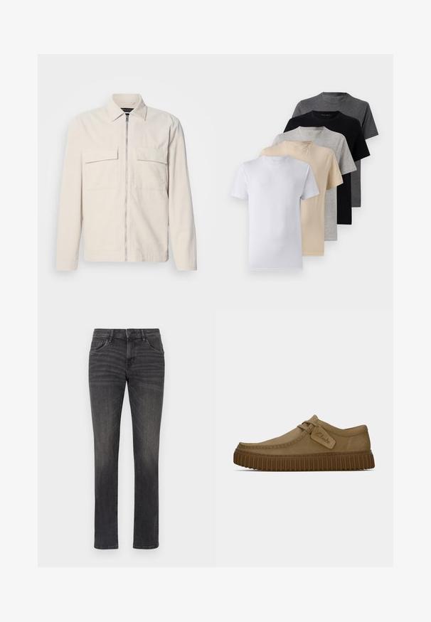 Chaqueta de corduroy beige claro con cremallera en la parte frontal, dos bolsillos en el pecho, un cuello y mangas largas. Textura suave y un diseño minimalista.; Conjunto de cinco camisetas de manga corta en blanco, beige, gris claro, gris oscuro y negro. Hechas de algodón suave, con un diseño de cuello redondo.; Jeans de mezclilla gris con un diseño de pierna recta, estilo de cinco bolsillos y un sutil desgastado en la parte frontal. Presenta un cierre de botón y pasadores para cinturón.; Zapatos de ante marrón claro con puntera redondeada, detalles de costura y una suela de goma marrón acanalada. Presentan una etiqueta lateral con el logotipo de "Clarks".
