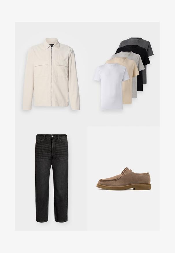 Light beige corduroy jacket with a front zipper, two chest pockets, a collar, and long sleeves. Smooth texture and a minimalist design.; Set of five short-sleeve t-shirts in white, beige, light gray, dark gray, and black. Made of smooth cotton, featuring crew neck design.; Black denim jeans with a straight cut, featuring a mid-rise waist, five pockets, and metal button closure. Smooth texture with subtle fading.; Zign LEATHER - Casual lace-ups - taupe