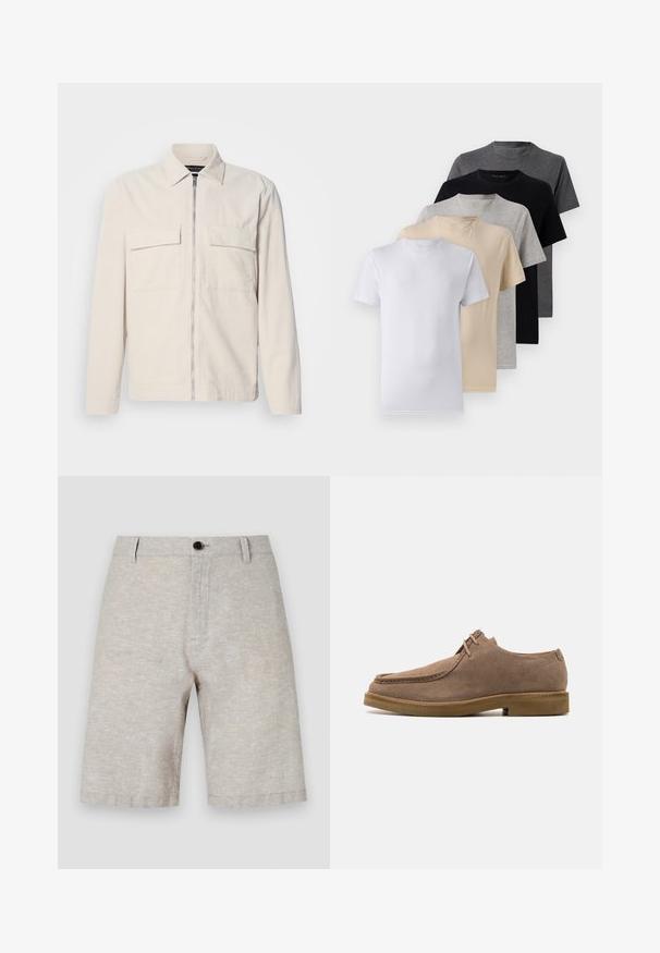 Light beige corduroy jacket with a front zipper, two chest pockets, a collar, and long sleeves. Smooth texture and a minimalist design.; Set of five short-sleeve t-shirts in white, beige, light gray, dark gray, and black. Made of smooth cotton, featuring crew neck design.; Beige linen shorts with a smooth texture, featuring a single button closure, belt loops, and a straight cut that reaches mid-thigh.; Zign LEATHER - Casual lace-ups - taupe