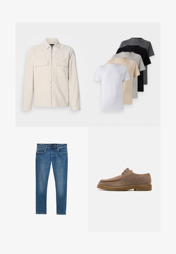 Giacca in corduroy beige chiaro con zip frontale, due tasche sul petto, colletto e maniche lunghe. Texture liscia e design minimalista.; Set di cinque t-shirt a manica corta in bianco, beige, grigio chiaro, grigio scuro e nero. Realizzate in cotone morbido, con design a girocollo.; Jeans in denim blu con taglio dritto, design a cinque tasche, leggera scoloritura sulle cosce e etichetta in vita che indica la taglia 31/32.; Zign LEATHER - Stringate sportive - taupe