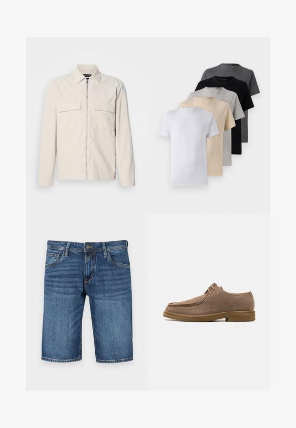 Lys beige kordfløyelsjakke med glidelås foran, to brystlommer, krage og lange ermer. Glatt tekstur og minimalistisk design.; Sett med fem kortermede t-skjorter i hvit, beige, lys grå, mørk grå og svart. Laget av glatt bomull, med rund hals design.; Mørkeblå denim bermudashorts med rett snitt, fem lommer og kontrastsøm. Knapp og glidelås i midjen.; Zign LEATHER - Casual snøresko - taupe