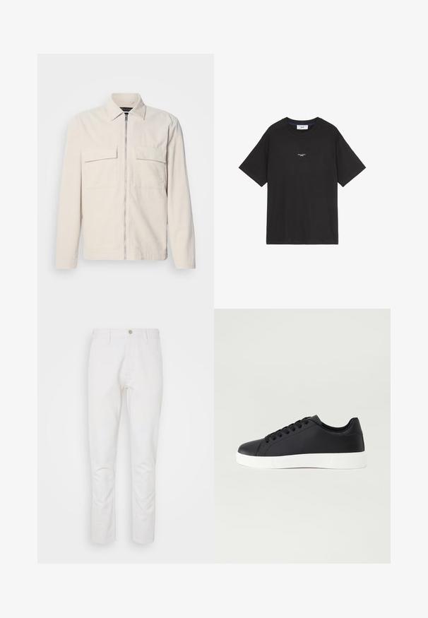 Light beige corduroy jacket with a front zipper, two chest pockets, a collar, and long sleeves. Smooth texture and a minimalist design.; Black cotton t-shirt with a round neck and short sleeves. Features a small white logo detailing on the front. Simple design, relaxed fit.; White linen trousers with a straight cut, featuring a button closure and standard pockets. Smooth texture with no visible patterns.; Pier One UNISEX - Trainers - black