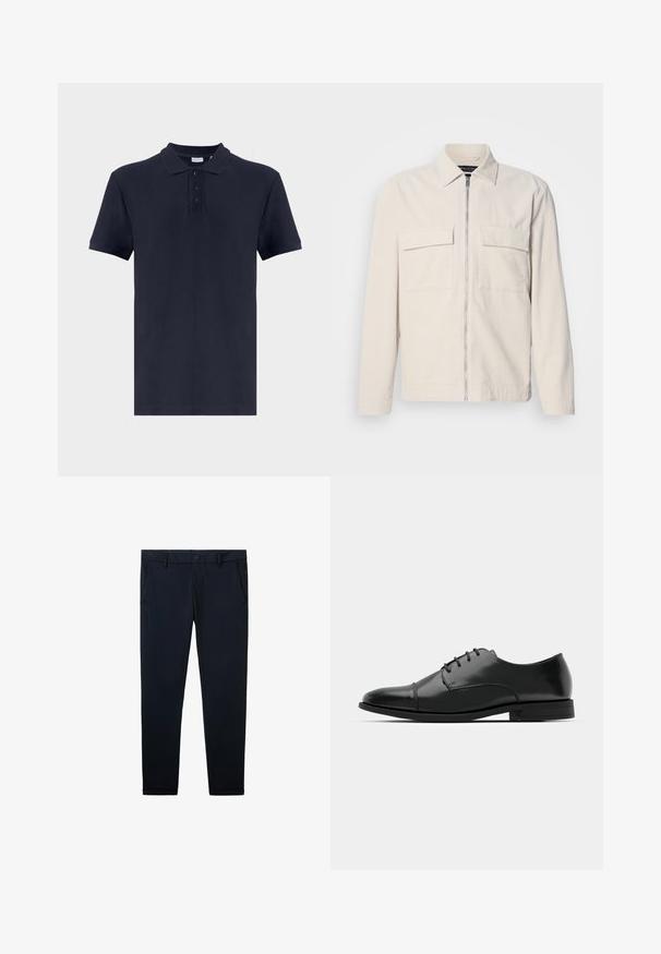 Lichtbeige corduroy jack met een rits aan de voorkant, twee borstzakken, een kraag en lange mouwen. Smooth textuur en een minimalistisch ontwerp.; Marine polo shirt van textuurstof, voorzien van een klassieke kraag, drie knopen en korte mouwen. Eenvoudig ontwerp met een rechte snit.; Navyblauwe broeken van gladde stof, met een knoopsluiting, riemlussen en twee voorkanten zakken. Rechtdoorgestikte pasvorm.; Zwarte leren dresschoenen met een ronde neus, vetersluiting, subtiele stiksels en een lage hak. Glad oppervlak met gepolijste afwerking.