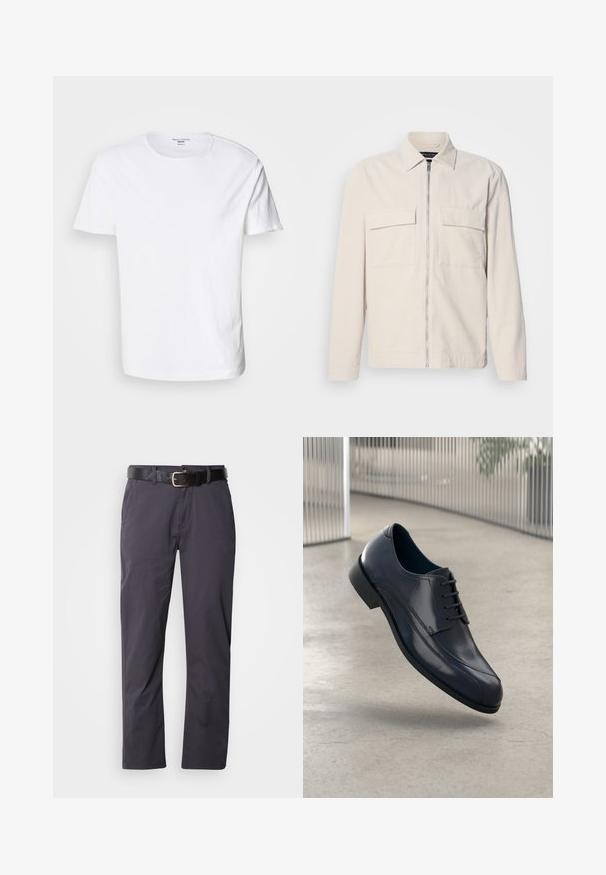 Světlý béžový kordurový kabát s předním zipem, dvěma náprsními kapsami, límcem a dlouhými rukávy. Hladká textura a minimalistický design.; Bílý bavlněný tričko s kulatým výstřihem, krátkými rukávy a rovnými lemy. Materiál má hladkou texturu a neobsahuje žádné vzory.; Černé bavlněné kalhoty se rovný střihem, se dvěma předními kapsami a páskem. Tkanina má hladkou texturu a matný povrch.; Lesklá černá kožená společenská obuv s tkaničkami, plovoucí nad hladkým, světle šedým podlahovým povrchem a s vertikálními kovovými pruty v pozadí.