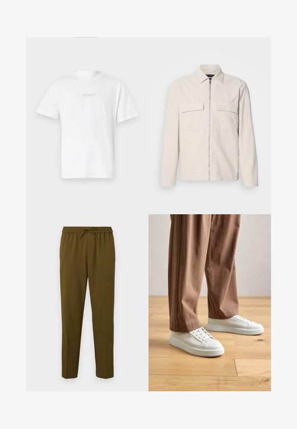 Vaaleanbeige corduroy-takki, jossa on edessä vetskari, kaksi rintataskua, kaulus ja pitkät hihat. Suuri tekstuuri ja minimalistinen muotoilu.; Valkoinen puuvillapaita lyhyillä hihoilla, pyöreällä kaula-aukolla ja yksinkertaisella painetulla logoilla edessä. Sileä rakenne ja normaali istuvuus.; Vihreät, kevyet housut, joissa on joustava vyötärö ja säädettävä nauha. Suorat lahkeet ilman taskuja. Sileä pinta.; Henkilö, joka on pukeutunut valkoisiin teksturoituihin mataliin tennareihin ja löysiin ruskeisiin housuihin, seisoo vaalealla puulattiolla.
