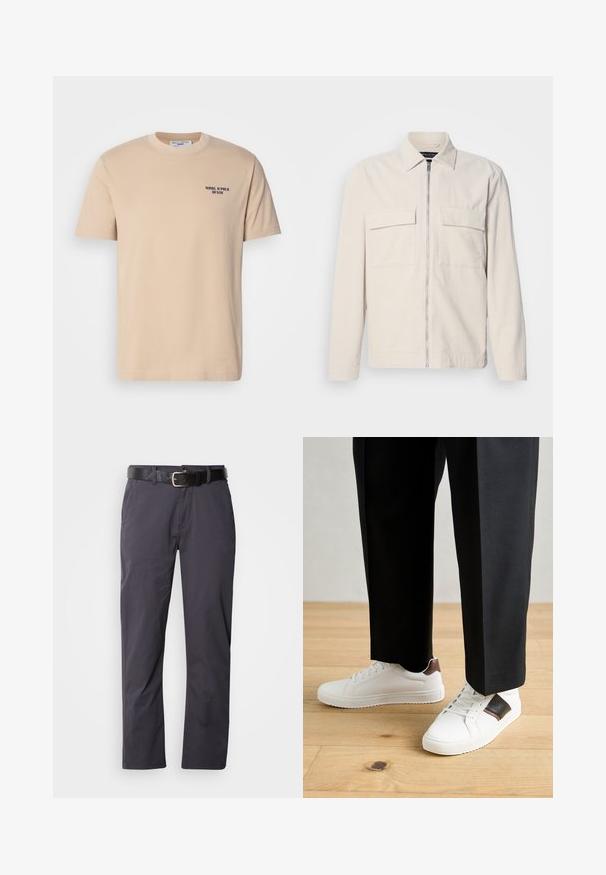 Helle beigefarbene Cordjacke mit einem Reißverschluss vorne, zwei Brusttaschen, einem Kragen und langen Ärmeln. Glatte Textur und minimalistisches Design.; Beige Baumwoll-T-Shirt mit kurzen Ärmeln, rundem Halsauschnitt und einem kleinen marineblauen Logo auf der linken Brust. Glatte Textur, schlichtes Design.; Schwarze Baumwollhosen mit geradem Schnitt, ausgestattet mit zwei Fronttaschen und einem Gürtel. Der Stoff hat eine glatte Textur und ein mattes Finish.; Weiße Sneakers mit glatter Textur, versehen mit braunen Lederakzenten und schwarzen Details, kombiniert mit schwarzen maßgeschneiderten Hosen. Hintergrund aus Holzboden.
