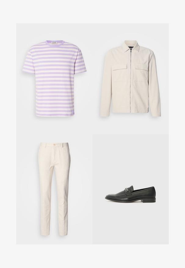 Šviesiai smėlio spalvos kordūrojo švarkas su priekiniais užtrauktukais, dviem krūtinės kišenėmis, apykakle ir ilgomis rankovėmis. Lygus paviršius ir minimalistinis dizainas.; Dryžuota trumpomis rankovėmis marškinėliai, su šviesiai violetinėmis ir baltomis horizontaliomis juostelėmis. Rūbelis su briaunėta tekstūra ir apvali iškirptė. Prekių ženklas prie siūlės.; Šviesiai beige spalvos, prigludę kelnių modeliai, pagaminti iš minkštos medžiagos. Turi mygtuko užsegimą, diržo kilpas ir ploną, tiesią kojų liniją su minimaliu tekstūros akcentu.; Juodos odinės loafer tipo bateliai su lygiu paviršiumi, turintys siuvinėtą dizainą ir dekoratyvų metalo grandinėlės akcentą ant batų viršaus. Plokščias kulnas.