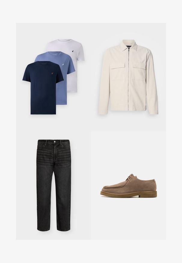 Helle beigefarbene Cordjacke mit einem Reißverschluss vorne, zwei Brusttaschen, einem Kragen und langen Ärmeln. Glatte Textur und minimalistisches Design.; Drei Rundhals-T-Shirts in Dunkelblau, Hellblau und Weiß. Hergestellt aus Baumwolle mit einer weichen Textur, mit einem kleinen Logo auf der Brust.; Schwarze Denim-Jeans mit geradem Schnitt, mittelhoher Taille, fünf Taschen und Metallknopfverschluss. Glatte Textur mit subtiler Ausbleichung.; Zign LEATHER - Sportlicher Schnürer - taupe