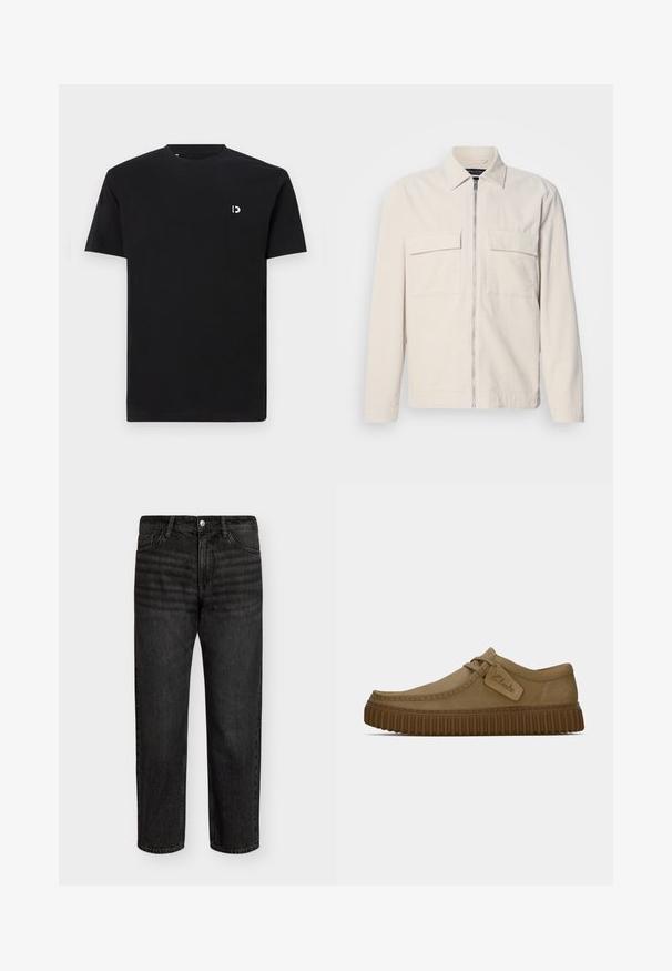 Helebeež kordflöödidest jakki, millel on ees tõmblukk, kaks rinna taskut, krae ja pikad varrukad. Sile tekstuur ja minimalistlik disain.; Must must have lühikesed varrukad, ümmargune kaelus ja väike valge logo vasakus rindkere piirkonnas. Sile tekstuur, lihtne disain.; Mustad denim teksad sirge lõikega, mõõdukalt kõrge vöökohaga, viie tasku ja metallist nupuga kinnitusega. Pehme tekstuur ja kerge kulumise efekt.; Kerged pruunist nahksoost kingad, millel on ümar varvas, õmblustega detailid ja soonikkoes pruun kummitald. Omab külje peal sildi, millel on "Clarks" logo.