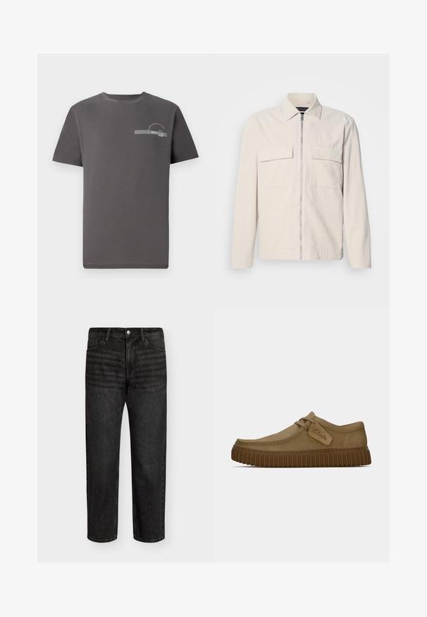 Světlý béžový kordurový kabát s předním zipem, dvěma náprsními kapsami, límcem a dlouhými rukávy. Hladká textura a minimalistický design.; Šedé bavlněné tričko s krátkým rukávem, kulatým výstřihem a malým potištěným designem na hrudi, obsahujícím text a pruhovaný akcent.; Černé džíny z denimu s rovným střihem, středním pasem, pěti kapsami a kovovým zapínáním. Hladká textura s jemným odřením.; Světle hnědé suede boty s kulatou špičkou, prošívanými detaily a ribbovanou hnědou gumovou podrážkou. Disponují bočním štítkem s logem "Clarks".