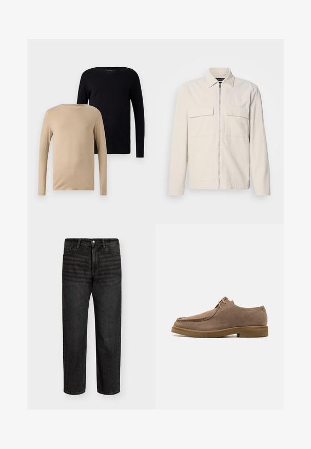 Vaaleanbeige corduroy-takki, jossa on edessä vetskari, kaksi rintataskua, kaulus ja pitkät hihat. Suuri tekstuuri ja minimalistinen muotoilu.; Kaksi pitkähihasta t-paitaa: yksi beige ja toinen musta. Pehmeää, joustavaa kangasta, jossa on pyöreät kaula-aukot ja minimalistinen muotoilu.; Musta farkut suoran leikkauksen kanssa, jotka sisältävät keski korkean vyötärön, viisi taskua ja metallipainikkeen kiinnityksen. Sileä pinta, jossa on hienovaraista kulumista.; Zign LEATHER - Rennot nauhakengät - taupe