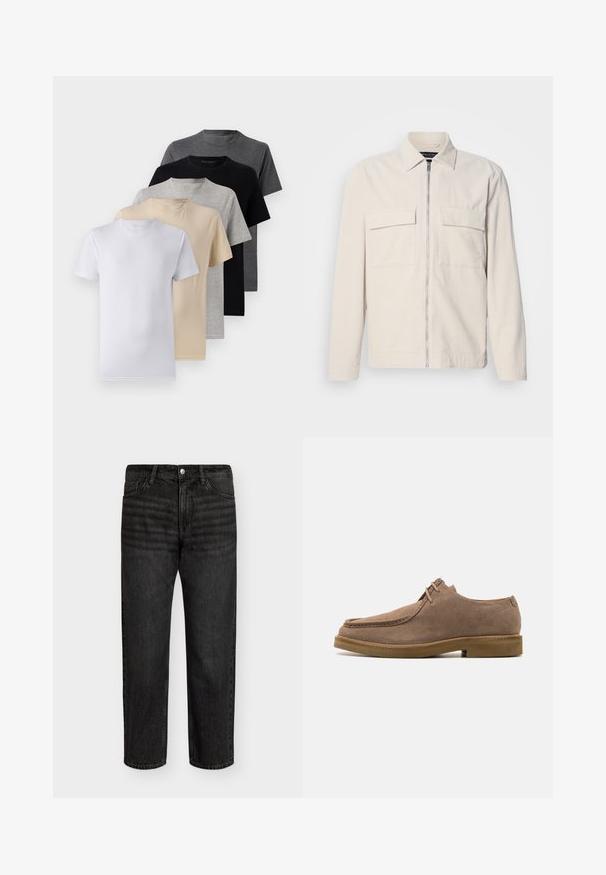 Svetlobéžová kordová bunda s predným zipsom, dvoma náprsníkovými vreckami, golierom a dlhými rukávmi. Hladká textúra a minimalistický dizajn.; Sada piatich tričiek s krátkym rukávom v bielej, béžovej, svetlošedej, tmavošedej a čiernej farbe. Vyrobené z hladkej bavlny, s dizajnom okrúhleho výstrihu.; Čierne džínsové nohavice so rovnými nohavicami, s stredne vysokým pásom, piatimi vreckami a kovovým zapínaním. Hladká textura so subtílnym vyblednutím.; Zign LEATHER - Neformálne šnurovačky - taupe