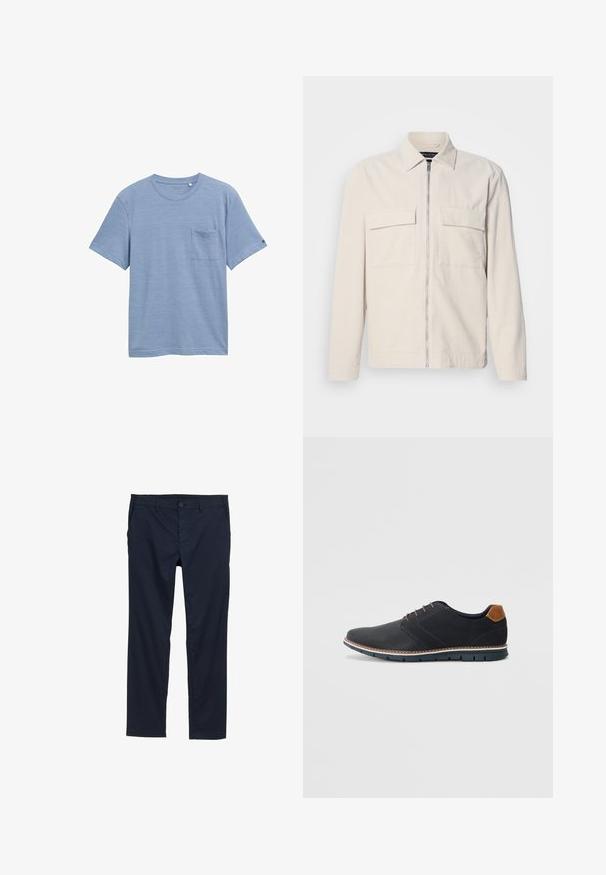 Lys beige fløjljakke med en frontal lynlås, to brystlommer, krave og lange ærmer. Glat tekstur og et minimalistisk design.; Lyseblå kortærmet t-shirt lavet af struktureret stof, med rund hals og en brystlomme på venstre side.; Navyblå letvægtsbukser med en glat overflade, lige ben design, knaplukning og sidelommer.; Sorte syntetiske sko med en tekstureret overdel, glatte accenter, brun hæl og en kontrasterende sål. Har minimale snørebånd og syningsdetaljer.