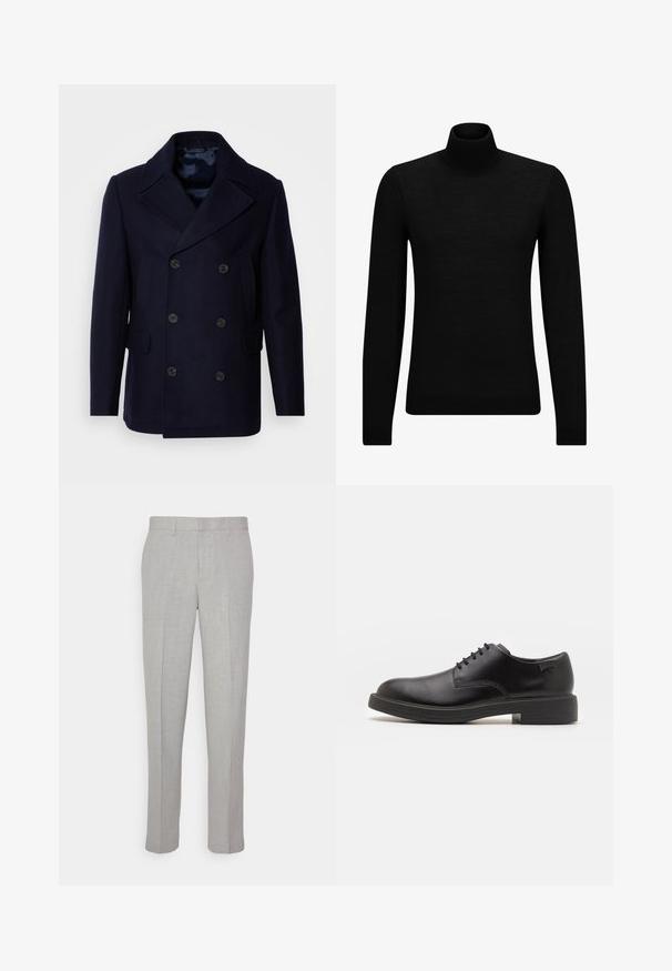 Isaac Dewhirst NEW SHORT PEACOAT SIDE ENTRY - Giacca da mezza stagione - navy; Maglione a collo alto nero realizzato in materiale morbido, con maniche lunghe e vestibilità aderente. Bordo a coste all'orlo e ai polsini. Design semplice.; Pantaloni grigi chiari con una texture liscia, frontale piatto e gambe dritte. Realizzati in tessuto traspirante, dotati di tasche interne e passanti per cintura.; Scarpa nera in pelle con lacci, punta tonda, texture liscia, cuciture minime e tacco in gomma basso. Logo sul tacco.