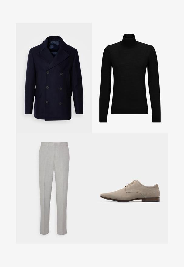 Isaac Dewhirst NEW SHORT PEACOAT SIDE ENTRY - Mezisezónní bunda - navy; Černý rolák vyrobený z měkkého materiálu, s dlouhými rukávy a těsným střihem. Hladký lem na spodním okraji a manžetách. Jednoduchý design.; Světle šedé kalhoty s hladkou texturou, plochým předním dílem a rovnými nohavicemi. Vyrobené z prodyšného materiálu, obsahující vnitřní kapsy a poutka na opasek.; Béžové šněrovací boty vyrobené z měkké semišové kůže, s špičatou špičkou, minimálním prošíváním a dřevěným podpatkem. Hladká textura a jednoduchý design.