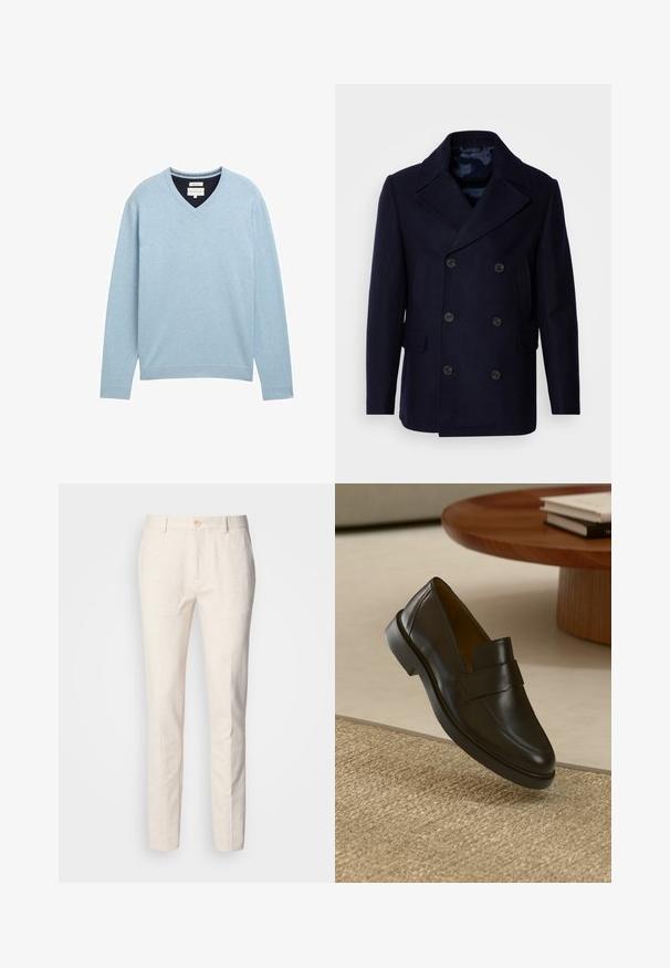 Isaac Dewhirst NEW SHORT PEACOAT SIDE ENTRY - Könnyű dzseki - navy; Világoskék V nyakú pulóver puha pamutból. Hosszú ujjakkal, bordás mandzsettákkal és diszkrét logóval a mellkasán.; Világos bézs, testre szabott nadrág, puha anyagból készült. Gombzárral, övhurkokkal és vékony, egyenes lábszárral rendelkezik, minimális textúrával.; Fekete bőr mokaszin sima felülettel, lekerekített orral és dekoratív pánttal a felső részen. Alacsony gumitalp, texturált felületen elhelyezve.