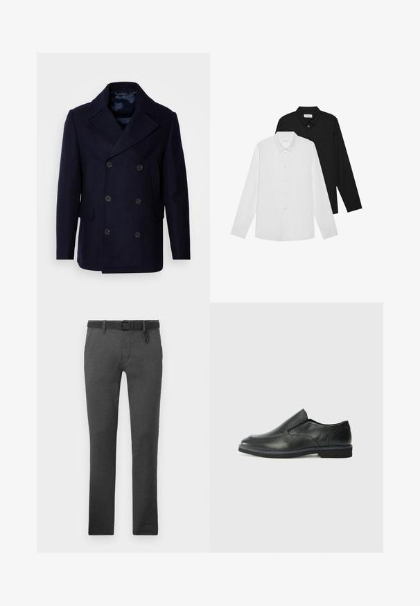 Isaac Dewhirst NEW SHORT PEACOAT SIDE ENTRY - Veste mi-saison - navy; Chemises à manches longues blanches et noires avec des cols pointus, des boutons à l'avant et une texture de tissu lisse. Étiquettes visibles à l'intérieur du col.; Pantalons gris foncé en tissu texturé, dotés d'une ceinture noire, de passants de ceinture et de deux poches latérales. Design à jambe droite, sans motifs visibles.; Chaussure slip-on en cuir noir avec une tige lisse, des accents cousus, un bout arrondi et un petit talon en caoutchouc. La semelle présente un profil de traction minimal.