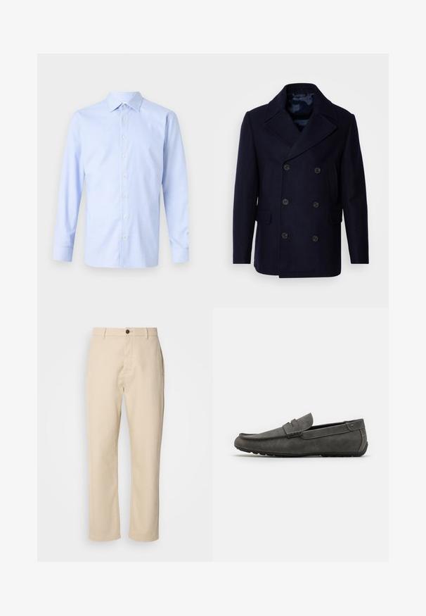 Isaac Dewhirst NEW SHORT PEACOAT SIDE ENTRY - Könnyű dzseki - navy; Fénykék hosszú ujjú ing, kockás mintával, gombos előlappal, hegyes gallérral és diszkrét textúrával. Szabott fazon, gombos mandzsettával.; Beige színű, egyenes szárú, pamut nadrág, elöl gombos záródással, oldalzsebekkel és sima textúrával. Minimalista dizájn, látható minták nélkül.; Szürke velúr loafer, lekerekített orral, varrott részletezéssel és lapos gumitalppal. A cipő sima textúrával rendelkezik, és elöl egy csatt kiegészítő található.
