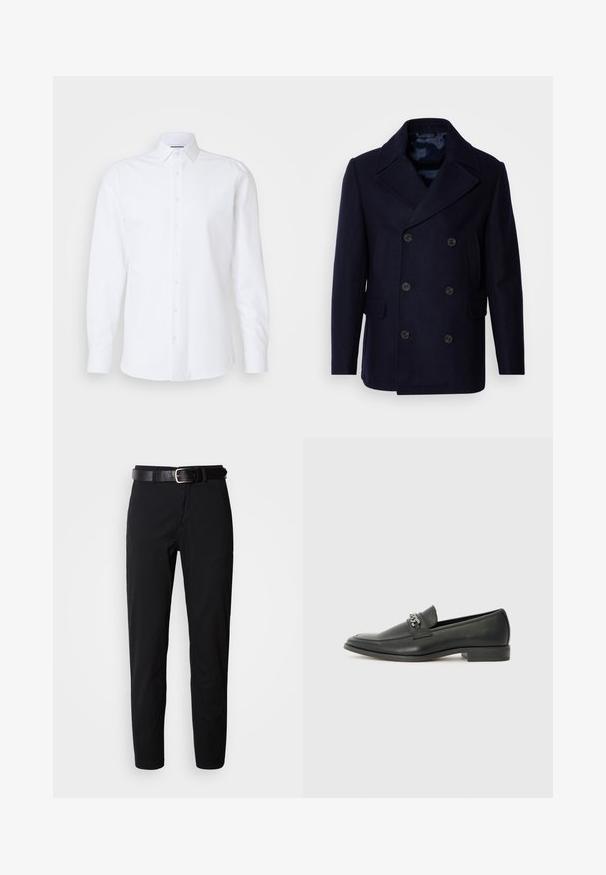 Isaac Dewhirst NEW SHORT PEACOAT SIDE ENTRY - Jachetă subțire - navy; Cămașă albă cu mâneci lungi, cu nasturi, realizată din bumbac fin. Dispune de o guler clasic, placket frontal cu nasturi și un tiv drept.; Pantaloni negri cu o croială dreaptă, având o textură netedă și un cureaua din piele neagră cu o cataramă argintie. Design simplu, fără modele sau accente.; Pantofii negri din piele cu un finisaj neted, având un design cusut și un accent decorativ de lanț metalic peste partea de sus. Toc plat.