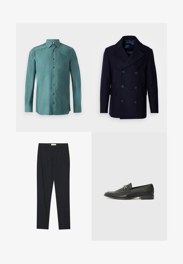 Isaac Dewhirst NEW SHORT PEACOAT SIDE ENTRY - Giacca da mezza stagione - navy; Camicia a maniche lunghe in tessuto teal con una trama texturizzata, chiusura frontale con bottoni, colletto asola e bottoni abbinati. Design leggermente aderente.; Pantaloni neri su misura con frontale piatto, vestibilità regolare, realizzati in tessuto morbido, con pieghe stirate e tasche laterali.; Mocassino in pelle nera con finitura liscia, caratterizzato da un design cucito e da un accento decorativo in catena metallica sul vamp. Tacco piatto.