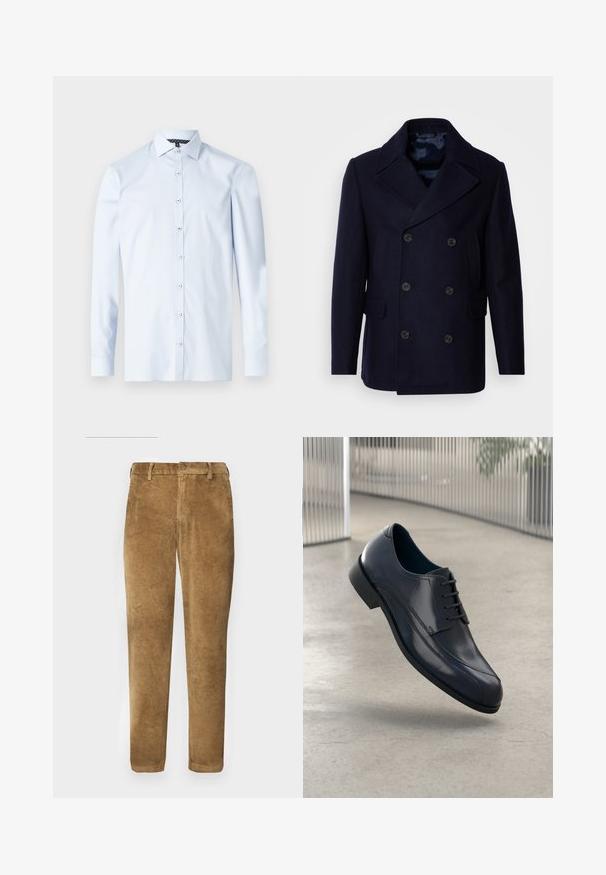 Isaac Dewhirst NEW SHORT PEACOAT SIDE ENTRY - Übergangsjacke - navy; Helles blaues Langarmhemd aus Baumwolle mit Knopfverschluss, spitzem Kragen und kontrastierendem, gemustertem Innenhalsdetail.; Braune Cordhosen mit vertikal gerippter Textur, geradem Schnitt, Knopfverschluss und Gürtelschlaufen. Glattes Gewebe mit weicher Oberfläche.; Glänzender schwarzer Leder-Dressschuh mit Schnürsenkeln, schwebend über einem glatten, hellgrauen Boden und vertikalen Metallstäben im Hintergrund.