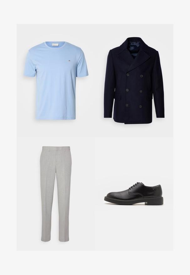 Isaac Dewhirst NEW SHORT PEACOAT SIDE ENTRY - Mezisezónní bunda - navy; Světle modré tričko s krátkým rukávem vyrobené z bavlny. Má kulatý výstřih a malou vyšitou nášivku na levé hrudi. Jemná textura.; Světle šedé kalhoty s hladkou texturou, plochým předním dílem a rovnými nohavicemi. Vyrobené z prodyšného materiálu, obsahující vnitřní kapsy a poutka na opasek.; Černé kožené šněrovací boty s kulatou špičkou, hladkým povrchem, minimálním prošíváním a nízkým gumovým podpatkem. Logo na patě.