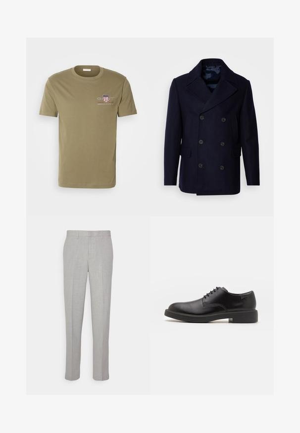 Isaac Dewhirst NEW SHORT PEACOAT SIDE ENTRY - Lengva striukė - navy; Aliejinių žalių medvilninių marškinių trumpomis rankovėmis, apvaliu kaklu, su "GANT" logotipu shield dizainu ir tekstu kairėje krūtinės pusėje.; Šviesiai pilki kelnės su lygiu paviršiumi, plokščiu priekiu ir tiesiomis kojomis. Pagamintos iš kvėpuojančios medžiagos, su vidinėmis kišenėmis ir diržo kilpomis.; Juodas odinis batų modelis su raišteliais, apvaliu nosiu, lygiu paviršiumi, minimaliai siuvinėjimu ir žemu guminėmis pakulne. Ant pakulnės šalia logo.