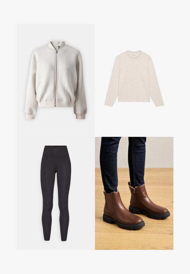 Beige színű zipzáras bomber dzseki, kerek gallérral, két elülső zsebbel, bordás mandzsettákkal és aljjal, puha, sima anyagból készült.; Világosszürke, hosszúujjú póló, puha anyagból készült. Kerek nyakkivágással, egyenes alsó részével és minimális varrási részletekkel rendelkezik az elején.; Fekete leggings rugalmas anyagból, magas derékkal, sima textúrával és apró perforációkkal a külső lábakon.; Barna bőr bokacsizmák cipzárral, texturált felülettel, vastag fekete gumi talppal és puha szőrmével a bokánál.