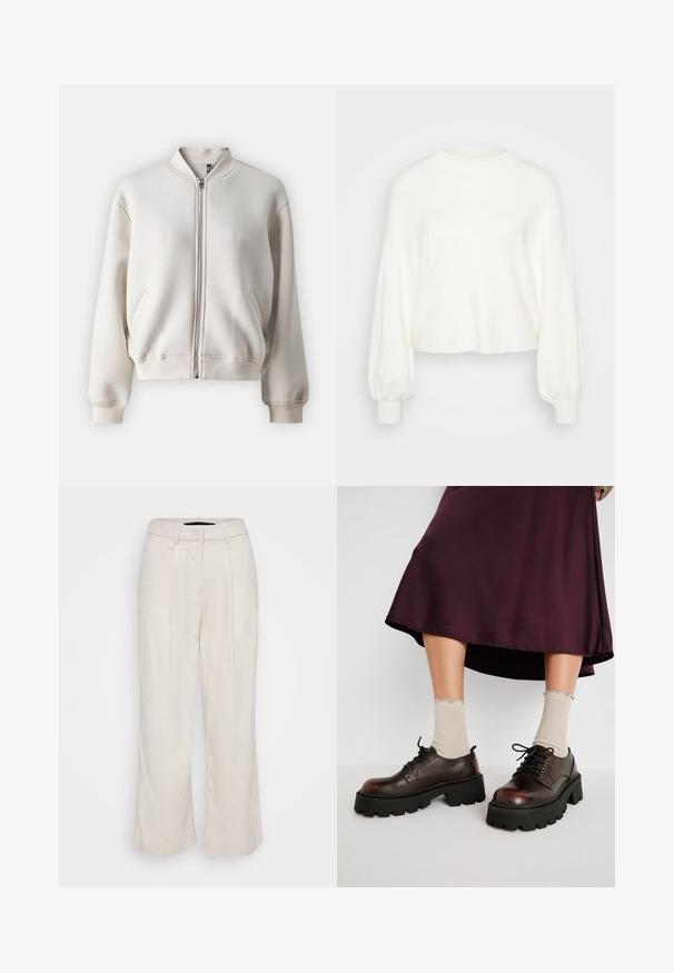 Beige színű zipzáras bomber dzseki, kerek gallérral, két elülső zsebbel, bordás mandzsettákkal és aljjal, puha, sima anyagból készült.; Fehér, rövidített pulóver puha kötött anyagból. Hosszú, puffos ujjakkal rendelkezik, bordás mandzsettákkal és kerek nyakú kialakítással.; Beige len vászonnadrág magas derékkal, redőzött elülső résszel és széles lábakkal. Tiszta vonalú dizájn és texturált anyag a légáteresztés érdekében.; Barna bőr platform cipők vastag fekete talppal, bordázott bézs zoknikkal, hullámos széllel, egy visszafogott háttér előtt.
