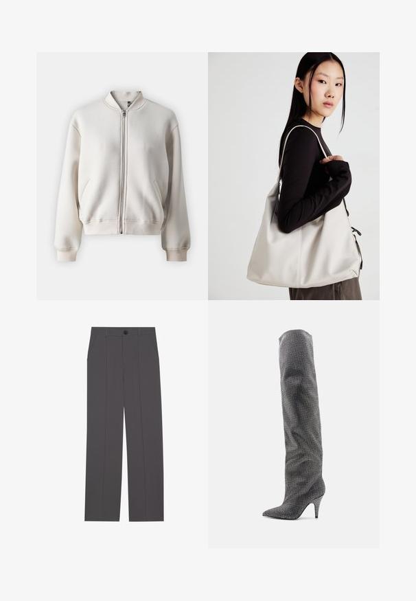 Jachetă bomber bej cu fermoar, cu guler rotund, două buzunare frontale, manșete și tiv cordonate, fabricată dintr-un material moale și neted.; Even&Odd Petite 2 PACK - Tricou basic - white/black; Pantaloni gri cu un design drept, având două buzunare laterale și închidere cu nasture. Material neted, fără modele sau accente vizibile.; Steve Madden MAZER-R - Cizme cu toc - black; Geantă bej din material moale, cu un design lejer, detalii cusute și două bretele pentru umăr. Potrivită pentru utilizarea zilnică.