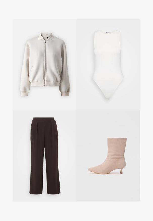 Bež jakna bomber z zadrgo in okroglim ovratnikom, z dvema sprednjima žepoma, rebrastimi manšetami in robom, izdelana iz mehkega, gladkega materiala.; Bela bezrokavna body majica z visokim ovratnikom in tangastim izrezom. Gladka tekstura in prilegajoča silhueta, zasnovana za tesno prileganje.; Temno rjave hlače širokega kroja s pregibi, narejene iz gladkega materiala. Imajo enotno barvo in elastičen pas za udobje.; Bežna zamšasta gležnjača s špicastim vrhom i niskim kitten petama. Gladak teksturiran izgled s elegantnom siluetom i minimalističkim dizajnom.