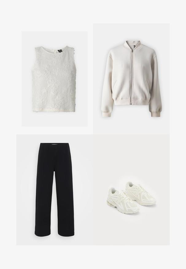 Bež jakna bomber z zadrgo in okroglim ovratnikom, z dvema sprednjima žepoma, rebrastimi manšetami in robom, izdelana iz mehkega, gladkega materiala.; Bela brezrokavna majica z teksturirano tkanino in izvezenimi cvetličnimi vzorci, okroglo ovratnikom in gumbom za zapiranje na hrbtu.; Črne široke hlače s elastičnim pasom. Narejene iz teksturiranega materiala, se ponašajo z ohlapnim krojem in ravnim rezom od kolkov do roba.; Beli športni copati iz mrežastih in sintetičnih materialov, z vezalkami, oblazinjenim ovratnikom in strukturiranim podplatom za oprijem. Lahka konstrukcija.