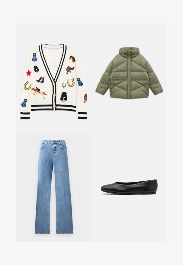 Olivgrüne Steppjacke mit hohem Kragen, diagonalen Nähten, langen Ärmeln und mit Reißverschluss versehenen Seitentaschen, flach auf einem weißen Hintergrund ausgebreitet.; Weißer Cardigan mit schwarzem Besatz, der bunte bestickte Motive von Pferden, Auszeichnungen und Figuren zeigt. Das Design umfasst Stiefel, Sterne und Hufeisen.; Kurzarm-T-Shirt aus Baumwolle mit Rundhalsausschnitt, das auf einem weißen Hintergrund schwarze vertikale Streifen und einen geraden Schnitt aufweist.; Hellblaue Jeans aus Denim mit weitem Bein, fünf Taschen, Gürtelschlaufen und einem Knopfverschluss. Der Stoff hat eine glatte Textur.; Paul Smith TOPANGA - Klassischer Ballerina - black