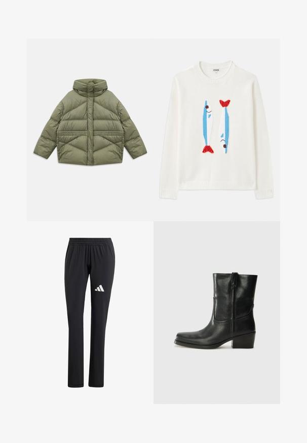 Olivgrüne Steppjacke mit hohem Kragen, diagonalen Nähten, langen Ärmeln und mit Reißverschluss versehenen Seitentaschen, flach auf einem weißen Hintergrund ausgebreitet.; Weißer Pullover mit geripptem Kragen und Bündchen, der zwei gestickte Fische in Blau und Rot mit schwarzen Augen und lächelnden Münder zeigt.; Schwarze Trainingshose mit einem elastischen Bund, geradem Beinanschnitt, glatter Textur und einem weißen Adidas-Logo auf dem linken Oberschenkel.; Schwarze Leder-Ankle Boots mit runder Zehenform, Blockabsatz, seitlichem Reißverschluss und gestickten Akzenten auf dem Blatt. Glatte Textur, klassisches Design.