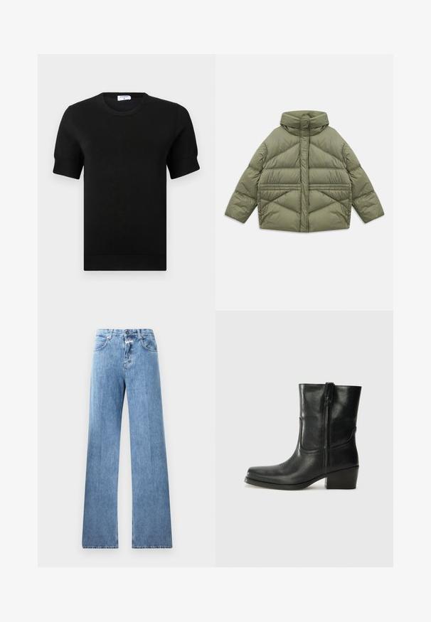 Olivgrüne Steppjacke mit hohem Kragen, diagonalen Nähten, langen Ärmeln und mit Reißverschluss versehenen Seitentaschen, flach auf einem weißen Hintergrund ausgebreitet.; Schwarzes, kurzärmeliges Strickoberteil mit rundem Ausschnitt. Verfügt über dezente Rippdetails an Ärmeln und Saum, gefertigt aus einem glatten Stoff.; Hellblaue Jeans aus Denim mit weitem Bein, fünf Taschen, Gürtelschlaufen und einem Knopfverschluss. Der Stoff hat eine glatte Textur.; Schwarze Leder-Ankle Boots mit runder Zehenform, Blockabsatz, seitlichem Reißverschluss und gestickten Akzenten auf dem Blatt. Glatte Textur, klassisches Design.