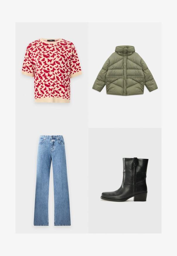 Oliivinvihreä untuvatakki korkealla kauluksella, vinonapituksilla, pitkillä hihoilla ja vetoketjullisilla sivutaskuilla, asetettuna tasaiseksi valkoista taustaa vasten.; Punainen ja kerma värinen neulepaita, jossa on perhoskuvio, lyhyet hihat ja pyöreä kaula-aukko. Pehmeä tekstuuri, jossa on ribat mittaus loppu- ja hihasaumoissa.; Vaaleansiniset farkut, joissa on leveä lahje, viisi taskua, vyölenkit ja nappikiinnitys. Kankaan pinta on sileä.; Musta nahkasaapas nilkkamittaisella varrella, pyöreällä kärjellä, lohkarekorolla, sivuvetoketjulla ja ompeluaksentilla varren yläosassa. Suora pinta, klassinen muotoilu.