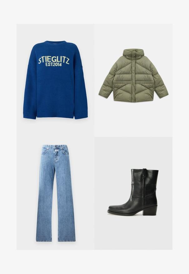 Olivnozeleni napihani jopič z visokim ovratnikom, diagonalnim šivanjem, dolgimi rokavi in z zadrgo zaprtimi stranskimi žepi, položen na belo ozadje.; Modra pletena jopica z spuščenimi rameni, rebrastimi manšeti in robom. Na sprednjem delu je kontrastno rumen napis "STIEGLITZ EST.2014".; Svetlo modre denim hlače z širokimi hlačnicami, petimi žepi, pasnimi zankami in gumbom za zapiranje. Tkanina ima gladko teksturo.; Črne usnjene gležnjarje z zaobljenim nosom, blok peto, stransko zadrgo in šivanjem na vampu. Gladka tekstura, klasična zasnova.