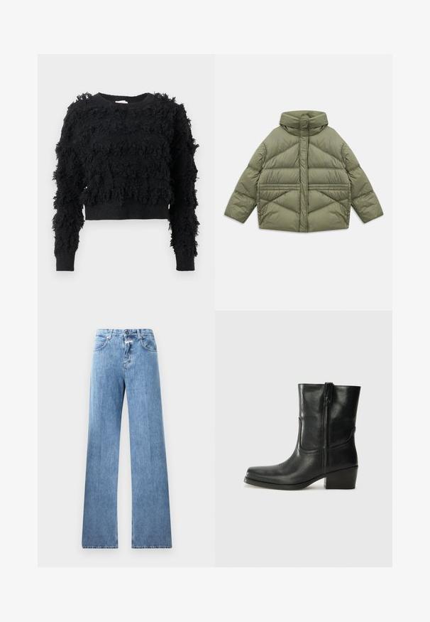 Alyvmedis puffer džemperis su aukštu apykakle, įstrižinėmis siūlėmis, ilgomis rankovėmis ir užtrauktukais šonuose, padėtas ant balto fono.; Juoda trumpa megztinis su tekstūruotu, pūkuotu paviršiumi. Ilgos rankovės ir apvalus kaklas, medžiagoje puikuojasi nelygios raštai.; Šviesiai mėlyni džinsai su plačiomis kojomis, penkiomis kišenėmis, diržo kilpos ir mygtuko užsegimu. Audinys yra lygus.; Juodi odiniai aulinukai iki kulkšnies su apvali nosimi, blokuotais kulnais, šonine užtrauktuku ir siuvimo akcentais ant viršutinės dalies. Lygi tekstūra, klasikinis dizainas.